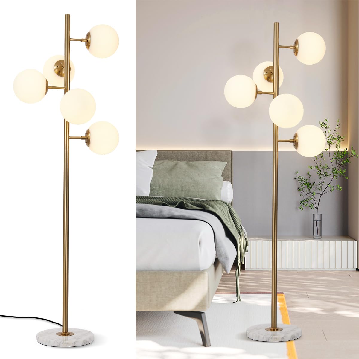 Lighting 5-Light Frosted White Glass Globe Floor Lamp Mid Century Modern Gold Tall Pole Standing Light LED Standing Lamps with Foot Switch for Home Office (Gold)