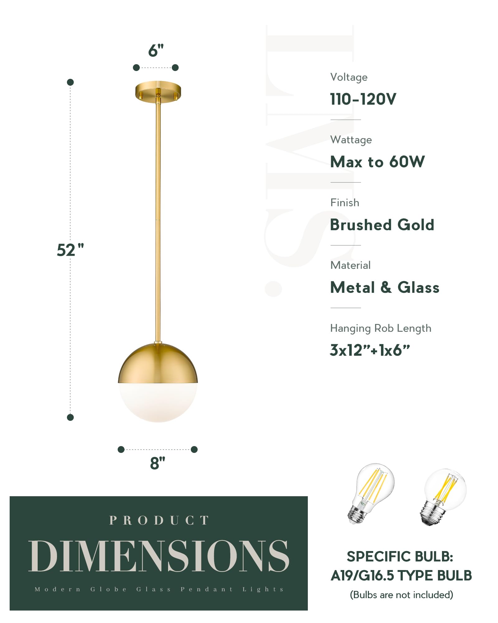 Modern Pendant Lighting Gold Globe Pendant Light Fixture, Mid Century Chandelier One Light Hanging Fixture for Kitchen Island, Adjustable Indoor Lighting for Dinning Room Bedroom, LMS-187