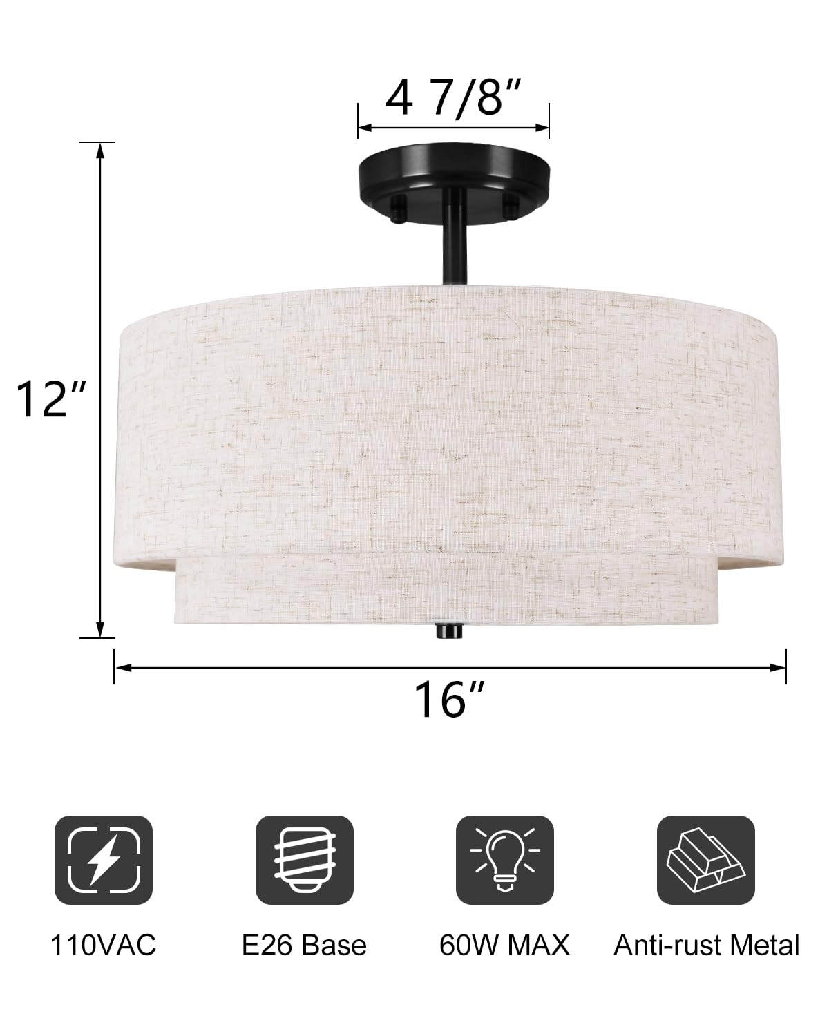 3-Light Semi Flush Mount Ceiling Light Fixture, 16" Black Drum Light Fixture with 2-Laye Fabric Shade Lamps, Modern Close to Ceiling Light for Bedroom Living Dining Room Kitchen Hallway Entryway