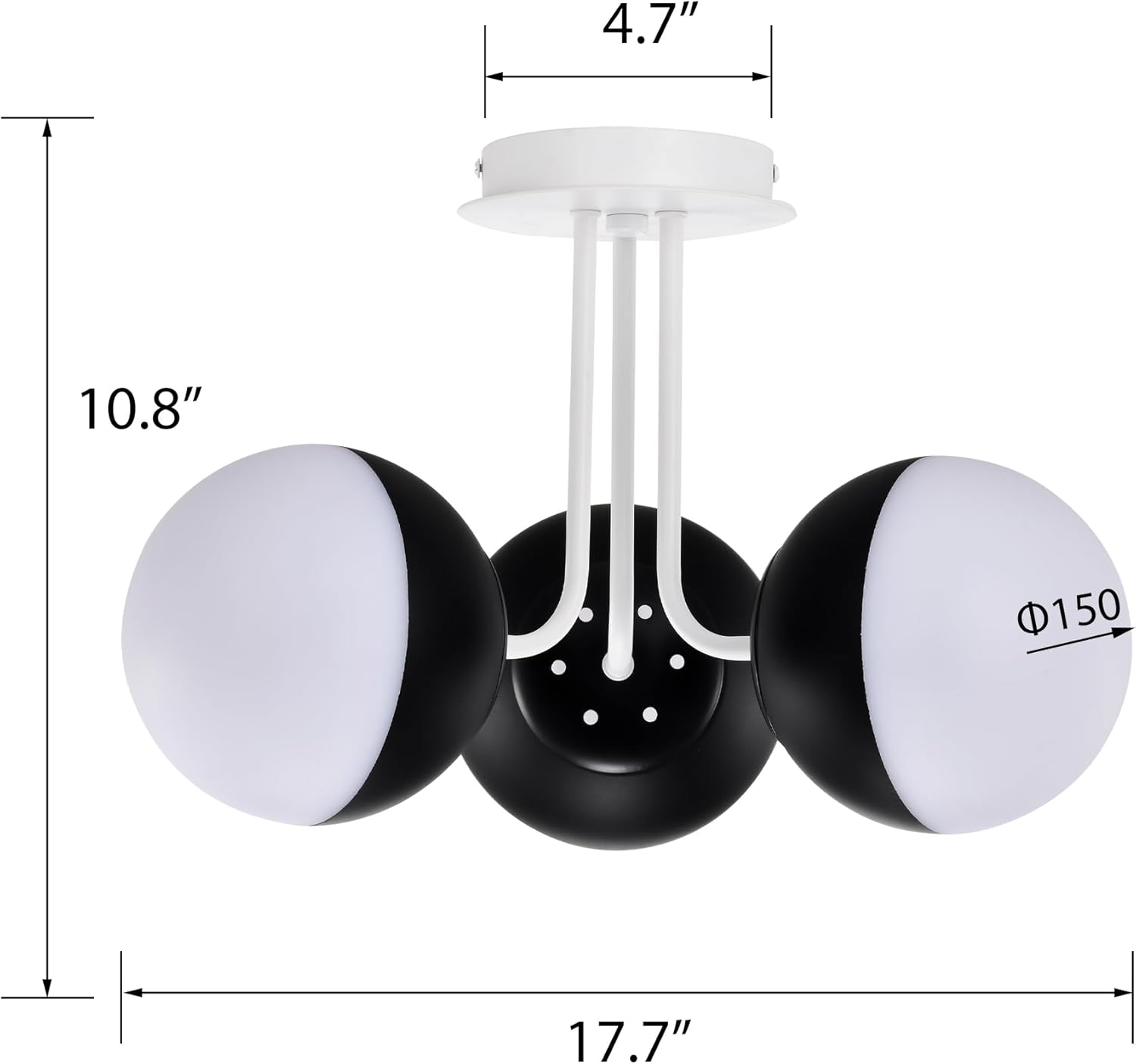 Black Semi Flush Mount Ceiling Light Fixture Globe Ceiling Light 3 Light Ceiling Fixture for Dining Room