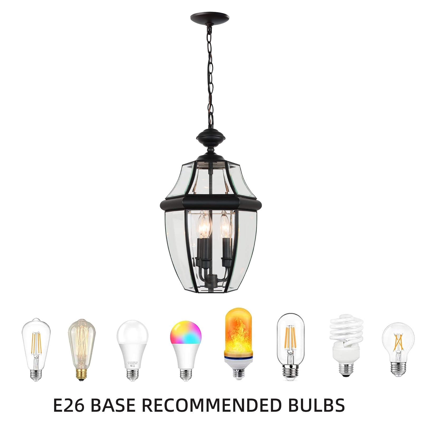 Large Outdoor Pendant Light Fixture 3-Light, 20in Modern Black Outdoor Chandelier Hanging Porch Light, Metal Exterior Ceiling Mount Hanging Lantern with Clear Glass for Front Door, Entrance, Gazebo