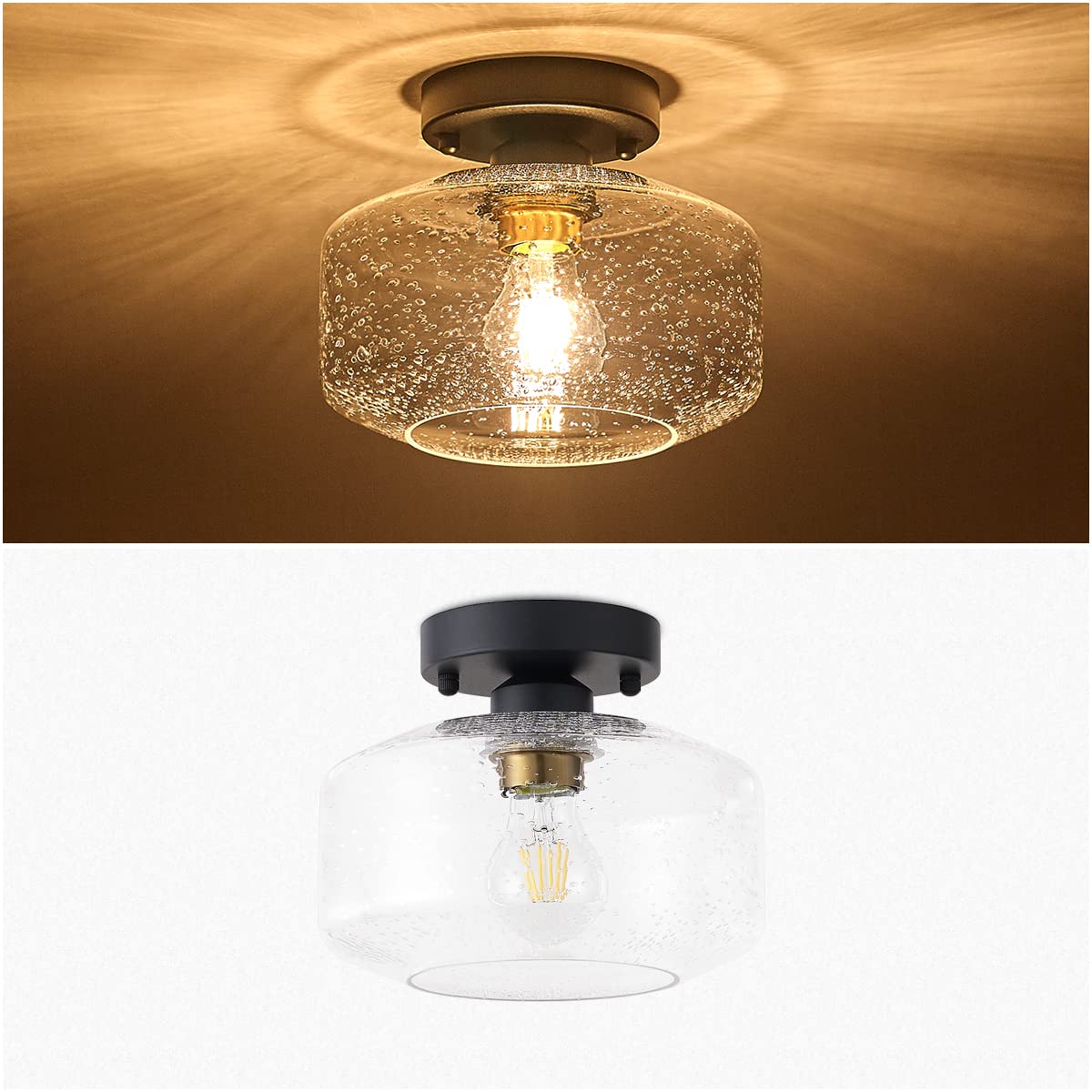 Semi Flush Mount Ceiling Light, 8.66" Clear Glass Shade, Brass Accent Socket, Modern Ceiling Light Fixture with Black Finish for Kitchen, Hallway, Entryway, Dining Room, Cafe, Bar