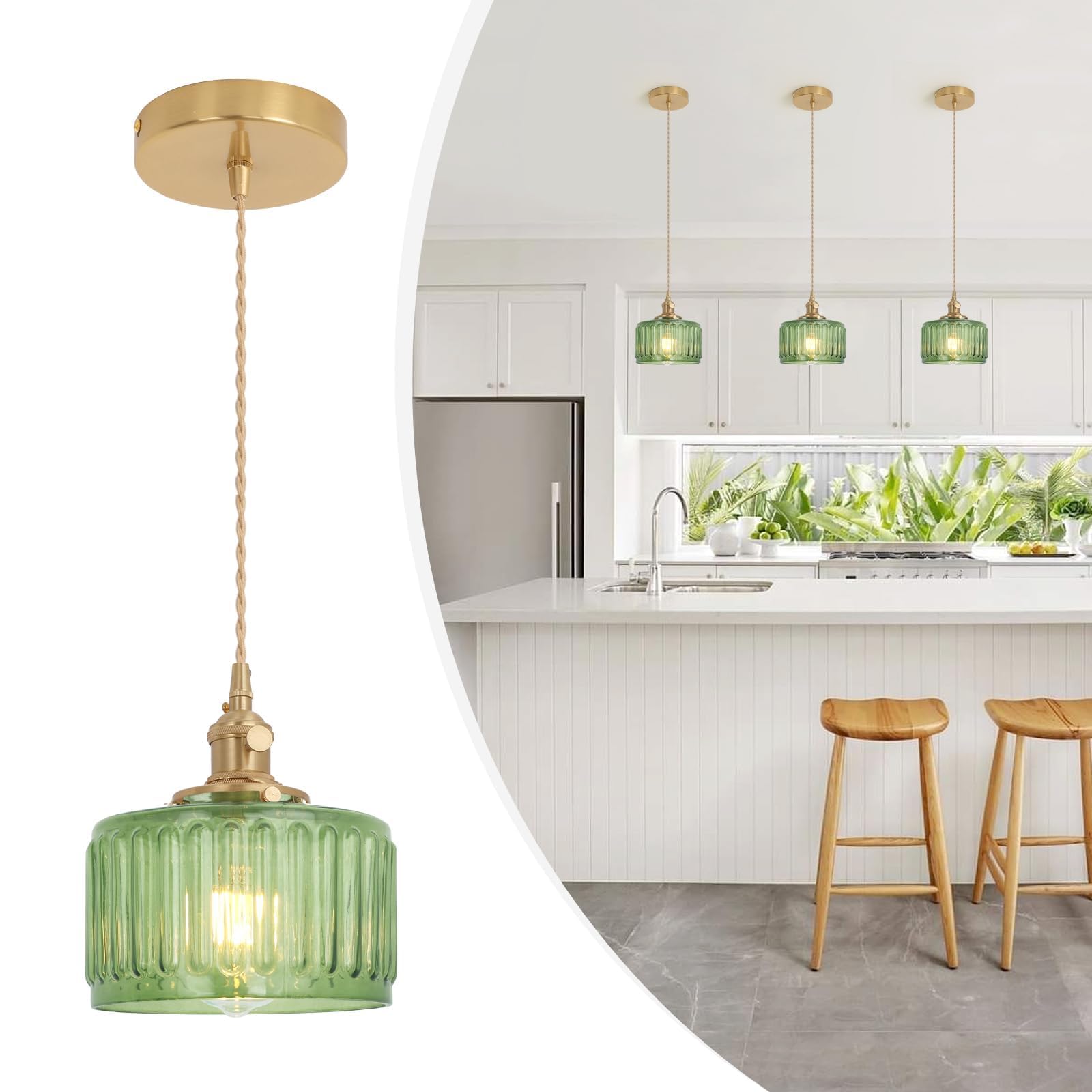 Pendant Light with White Pleated Ceramic Lmapshade, Brass Vintage Pendant Light Adjustable Hanging Light for Kitchen Island Dining Room Hallway 7.87 Inch Diam