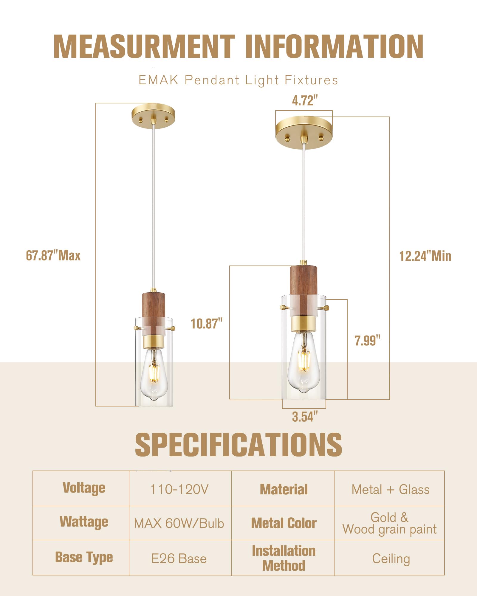 Emak Gold Pendant Light Fixtures, 3-Light Pendant Lights with Clear Glass Shade, Modern Farmhouse Hanging Lights for Kitchen Island, Dining Room, Bathroom, Bedroom, PL120-GD-CL