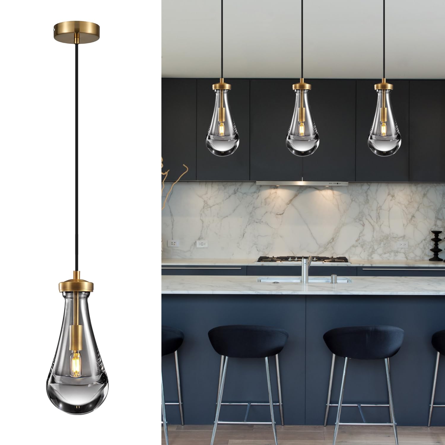 3 Light Raindrop Pendant Light Fixtures, Brass Glass Pendant Lighting, Teardrops Modern Hanging Light for Entryway Foyer Kitchen Island Dining Living Room Hallway