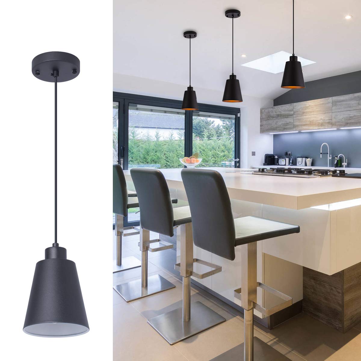 Black Pendant Light Kitchen Island Pendant Lighting with 5.94in Metal Shade Modern Hanging Light for Kitchen Small Pendant Light Fixture for Christmas Gift,Dining Room,Bar, Adjustable Cord