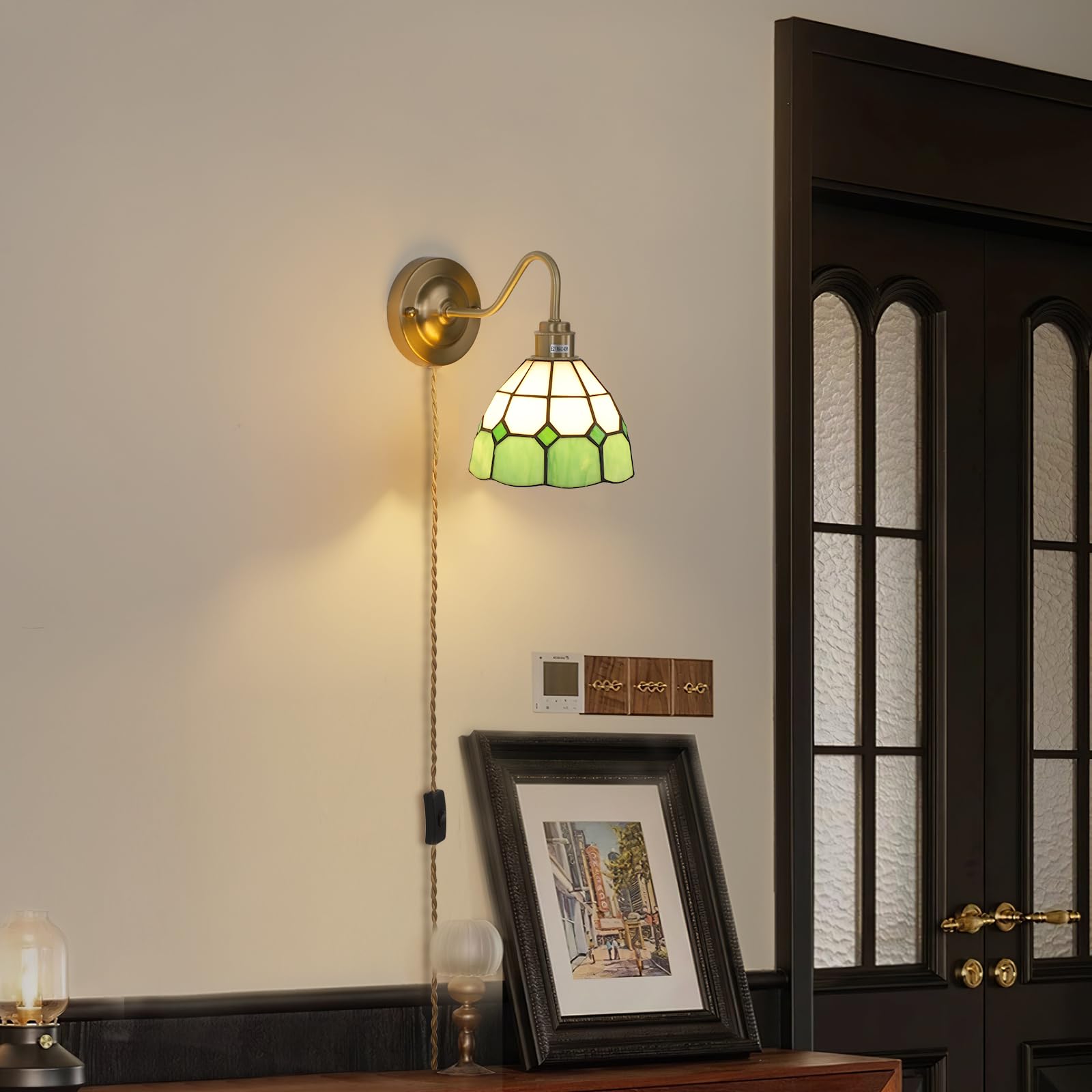 Wall Sconce, Wall Mounted Lamps with Green Checker Sconce, Stained Glass Shade Brass Wall Lights Fixture with Plug in Cord and Switch for Bedroom Bathroom Living Room Hallway