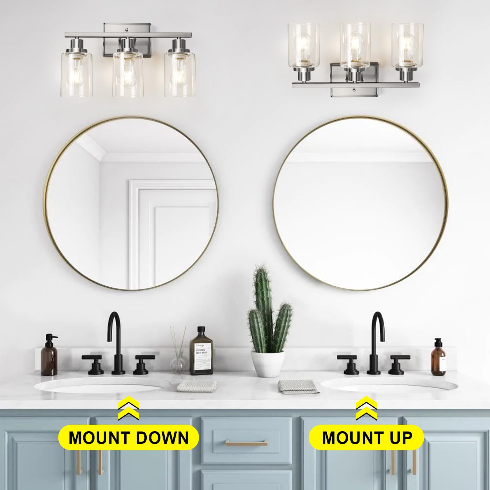 Ascher Bathroom Vanity Light Fixtures, 3 Light Wall Sconces Lighting with Clear Glass Shade, Brushed Nickel Wall Lights for Mirror, Kitchen, Living Room, Gallery, E26 Base (Bulbs Not Included)