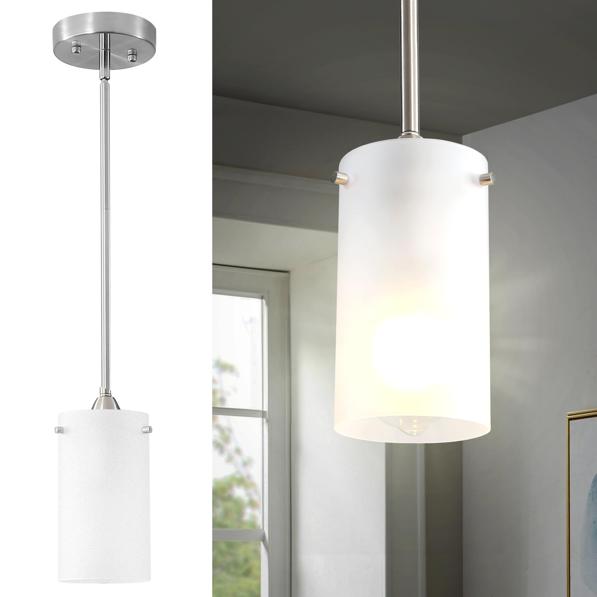 1-Light Mini Pendant Light Fixtures, 2-Pack Modern Hanging Ceiling Light, Adjustable Height, Brushed Nickel Pendant Lighting with Dual Glass for Kitchen Island Bedroom Hallway