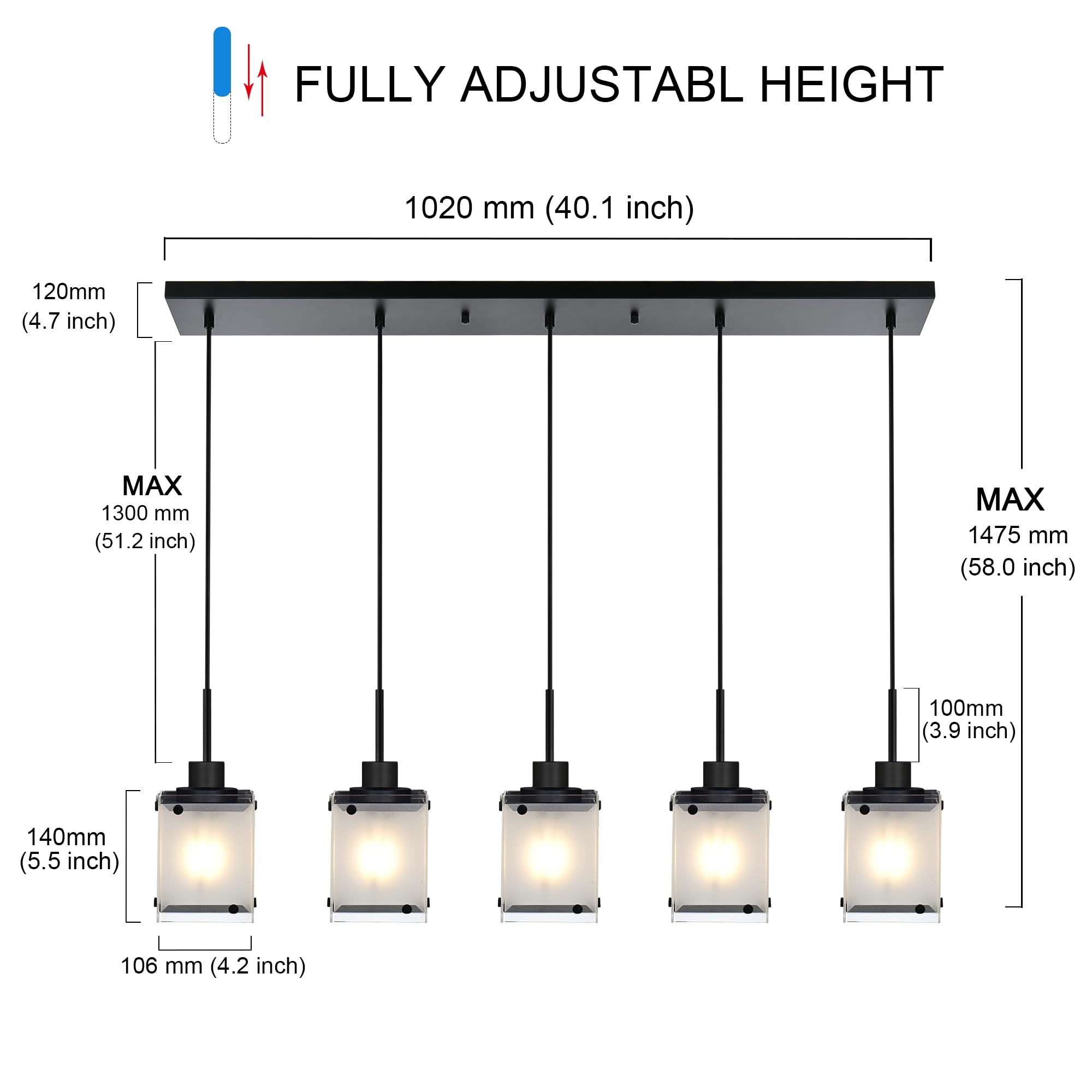 Black Pendant Lights Kitchen Island, 3-Light Dining Room Light Fixtures Hanging Contemporary Linear Chandeliers for Dining Room Hallway with Rectangular Frosted Glass Shade