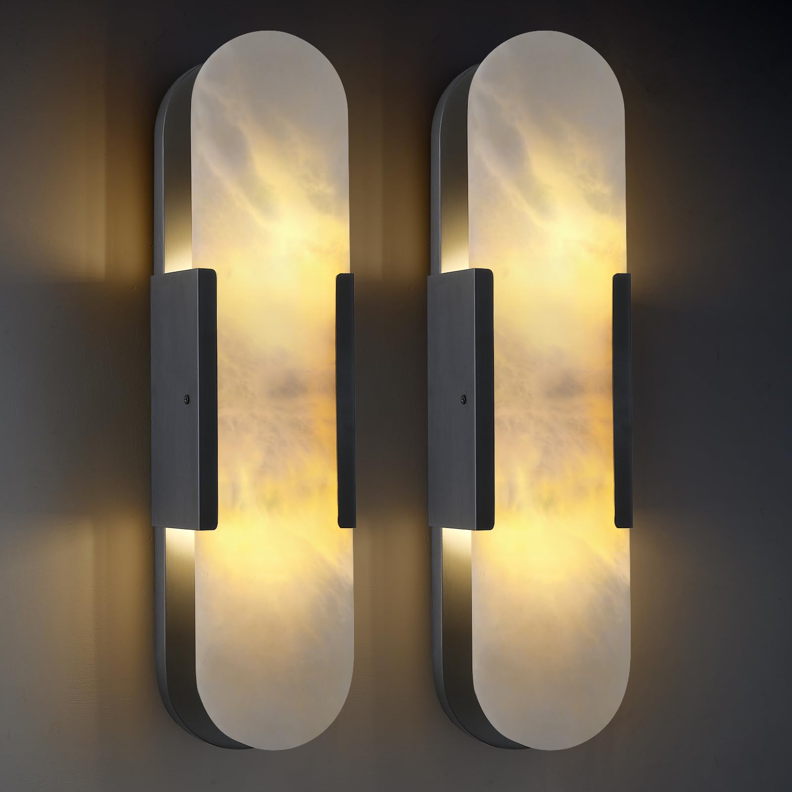 13.8 in Brass Alabaster Wall Sconces, Natural Marble Wall Sconces Set of Two Indoor Alabaster Sconces for Living Room Modern Alabaster Sconces Wall Lighting for Dining Room Stairs Bedroom