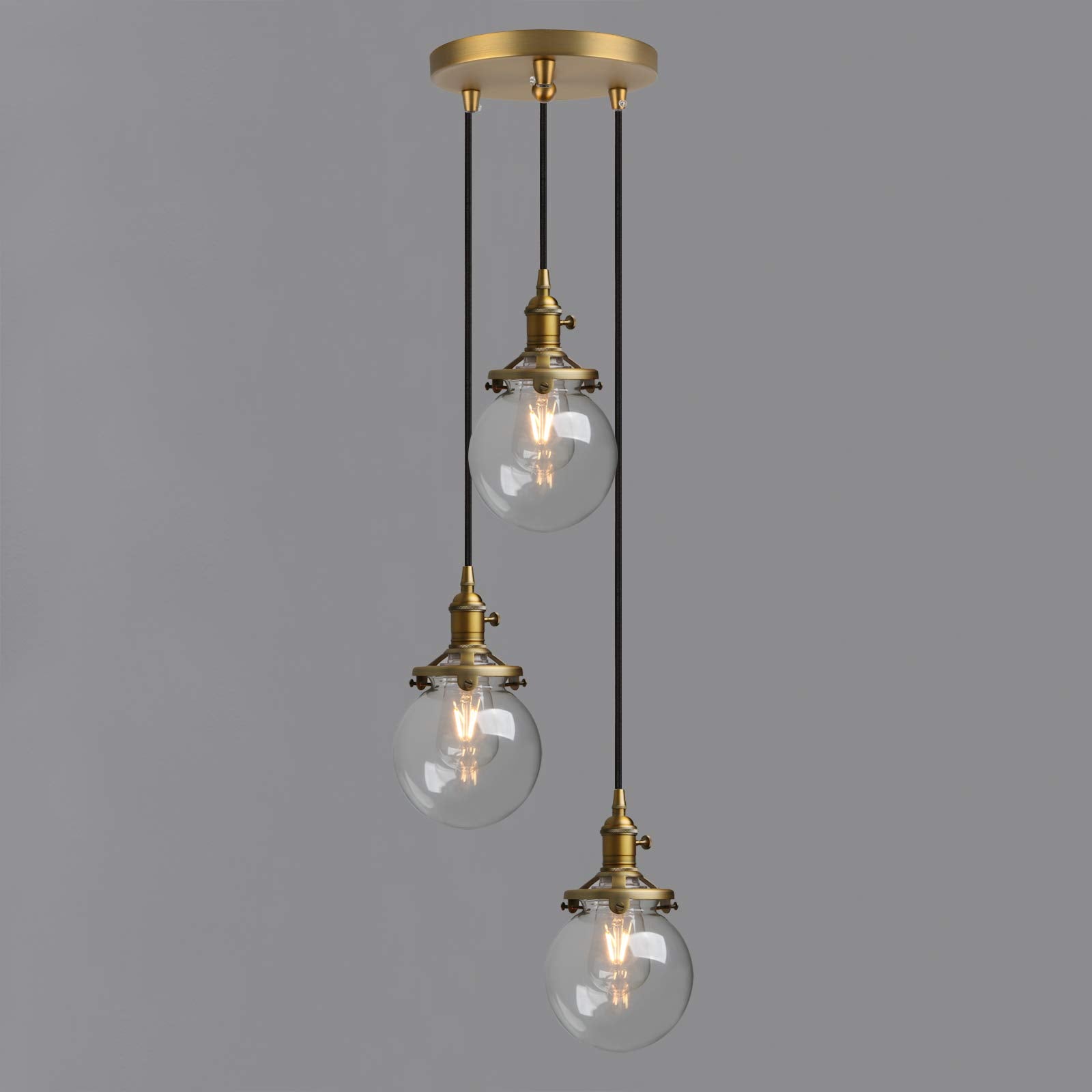 3-Light Cluster Pendant Light, Antique Brass Chandelier with 5.9" Globe Glass Shade, Foyer Chandeliers Entryway High Ceiling Staircase Lights (Antique)