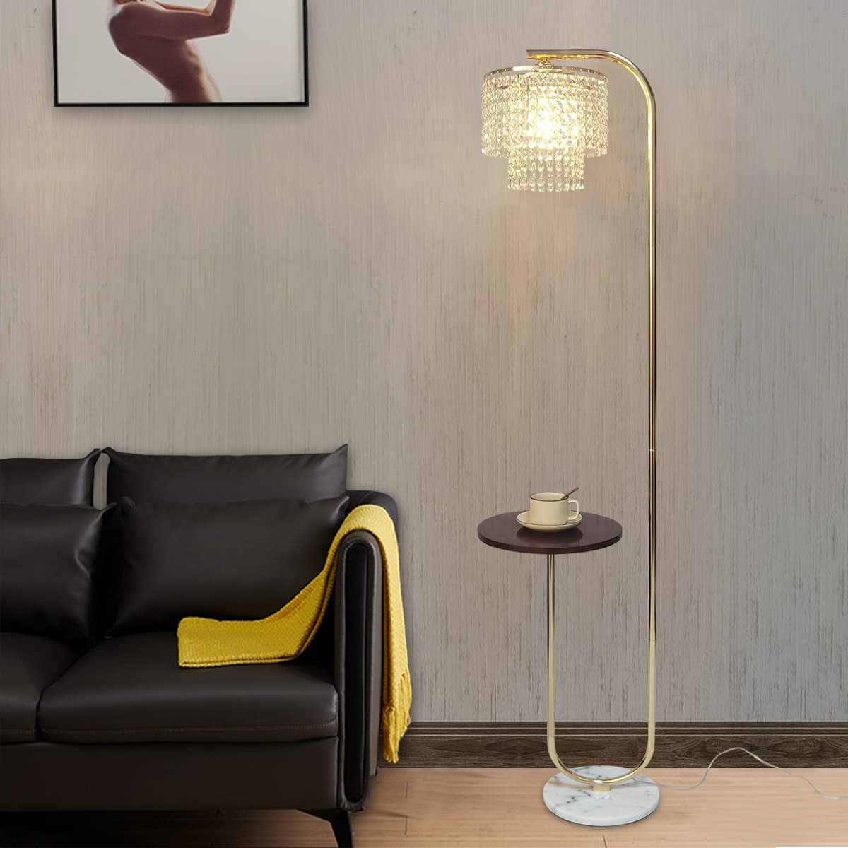 Arc Crystal Floor Lamp for Living Room - Marble Base Modern Tall Stand Up Light with Table,Contemporary Over The Couch Gold Lamp Standing Lamps for Bedroom Office Living Room