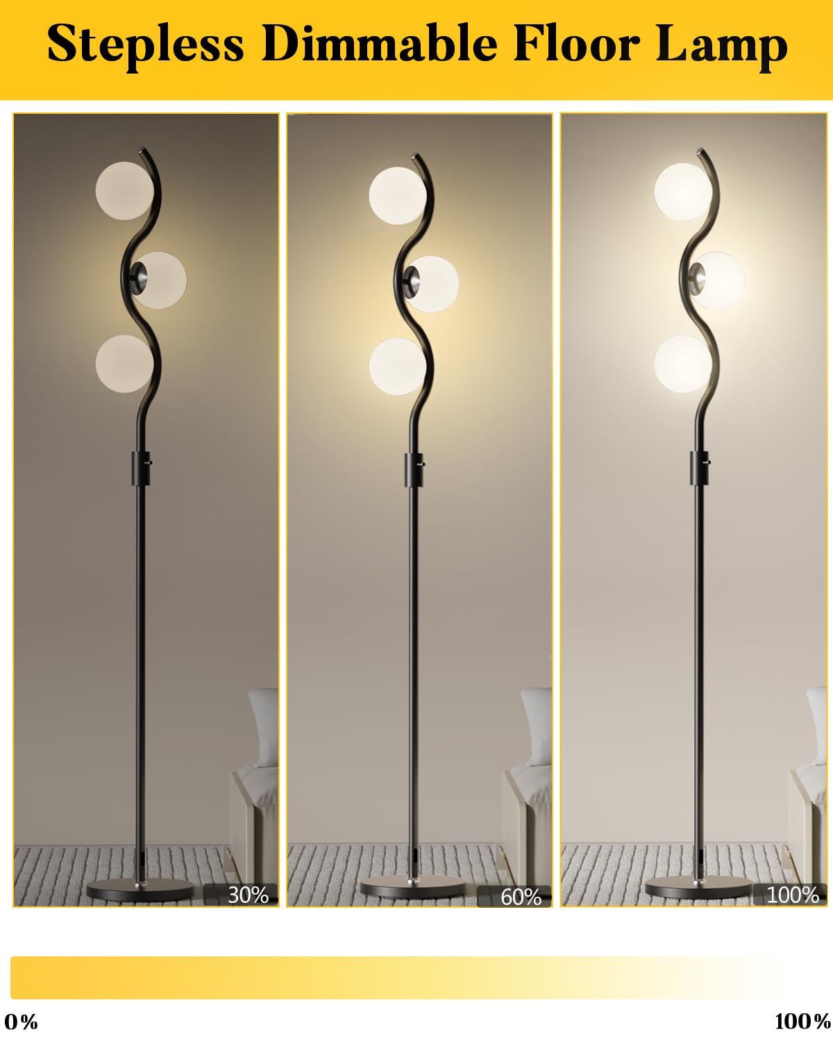 Dimmable Globe Floor Lamp, Gold Standing Lamps with 4PCS 3000K G9 Bulbs Soft Warm White Eye Care, Mid Century Modern Floor Lamp for Living Room