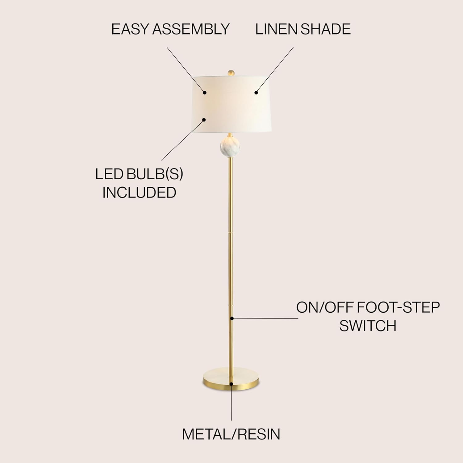 60" Modern Metal/Resin LED Floor Lamp Classic,Glam,Transitional for Bedrooms, Living Room, Office, Reading, BrassGold/White