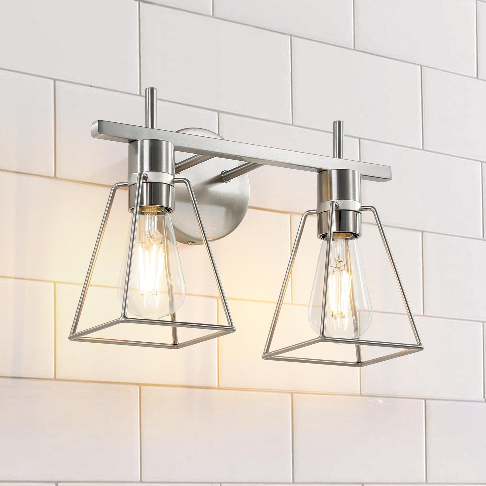 Industrial Bathroom Vanity Lights: 2 Light Silver Brushed Nickel Vintage Metal Cage Wall Lamps - Rustic Farmhouse Light Fixture Over Mirrors Cabinet for Home Hallway