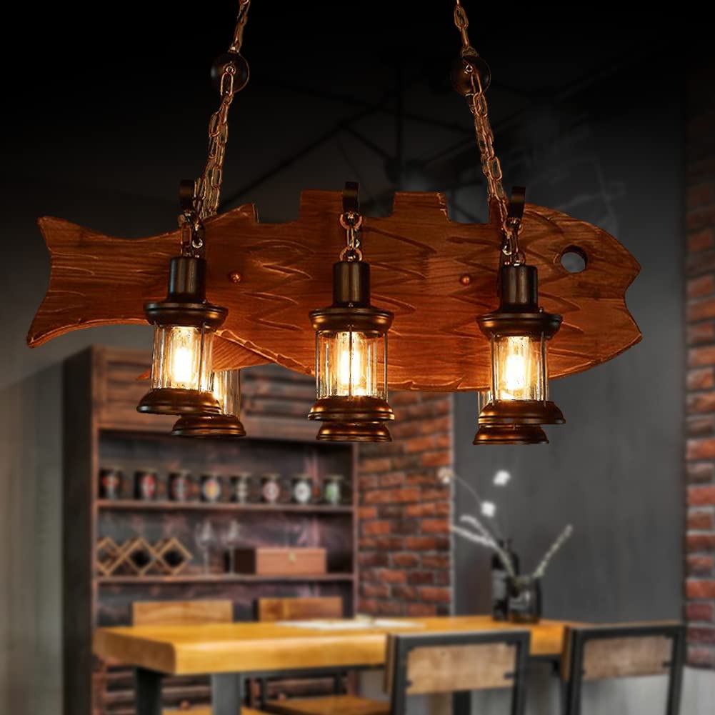 8 Lights Industrial Retro Wooden Chandelier Pendant Light Island Hanging Ceiling Fixture Vintage Farmhouse Wood Light Adjustable Chain for Home Cafe Bar Restaurant (39.4")