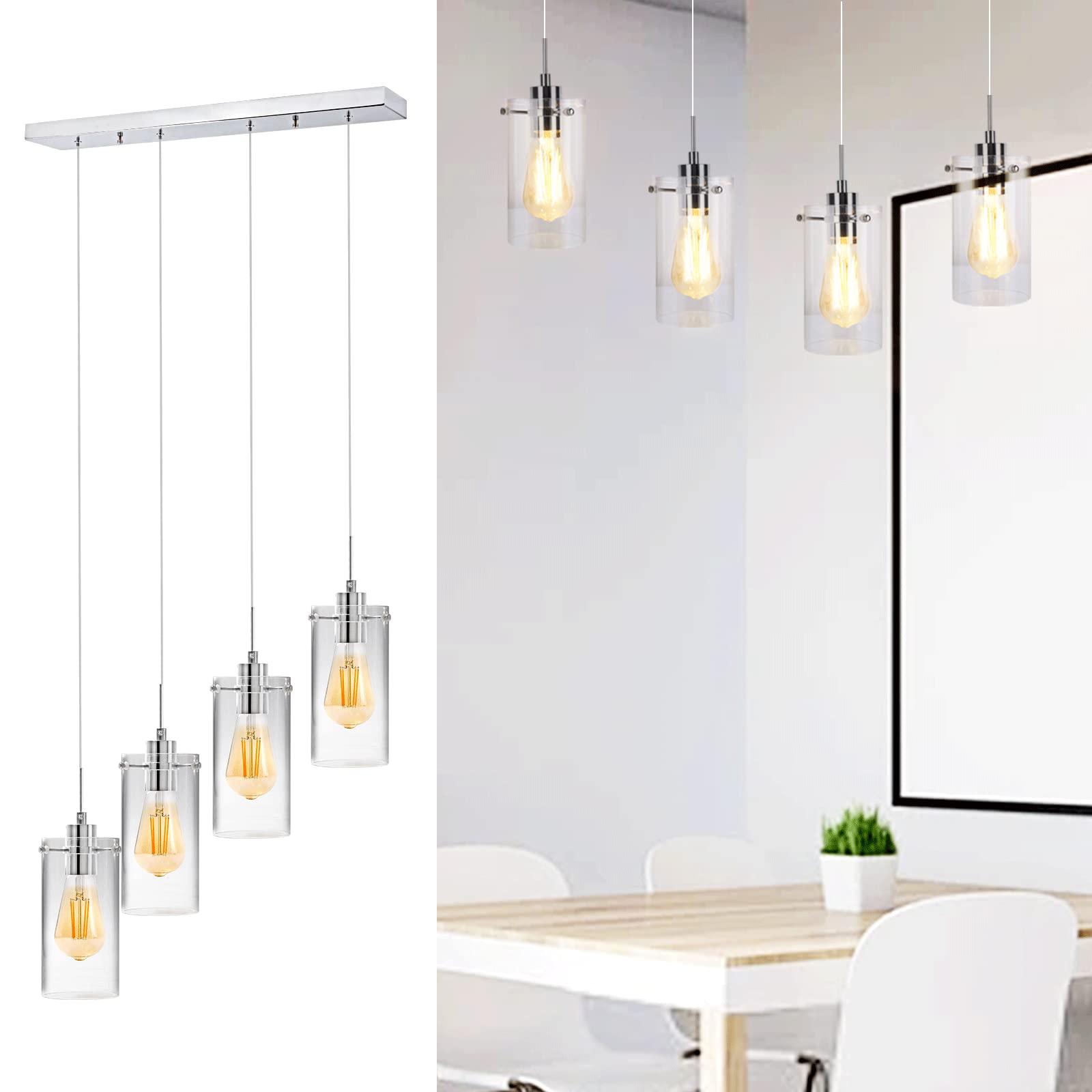 Pendant Lights Kitchen Island, 30W (5 x 6W) 5-Light Pendant Lighting Fixture with Clear Glass Shade, Adjustable Cord Ceiling Hanging Light Brushed Nickel Pendant Light Fixtures