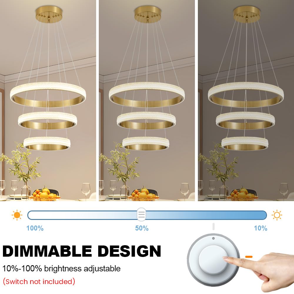 Modern LED Chandelier Dimmable 2 Ring Gold Pendant Light Acrylic 34W 4000K Height-Adjustable Modern Chandelier for Dining Room Living Room Bedroom Kitchen Island Foyer Stairway