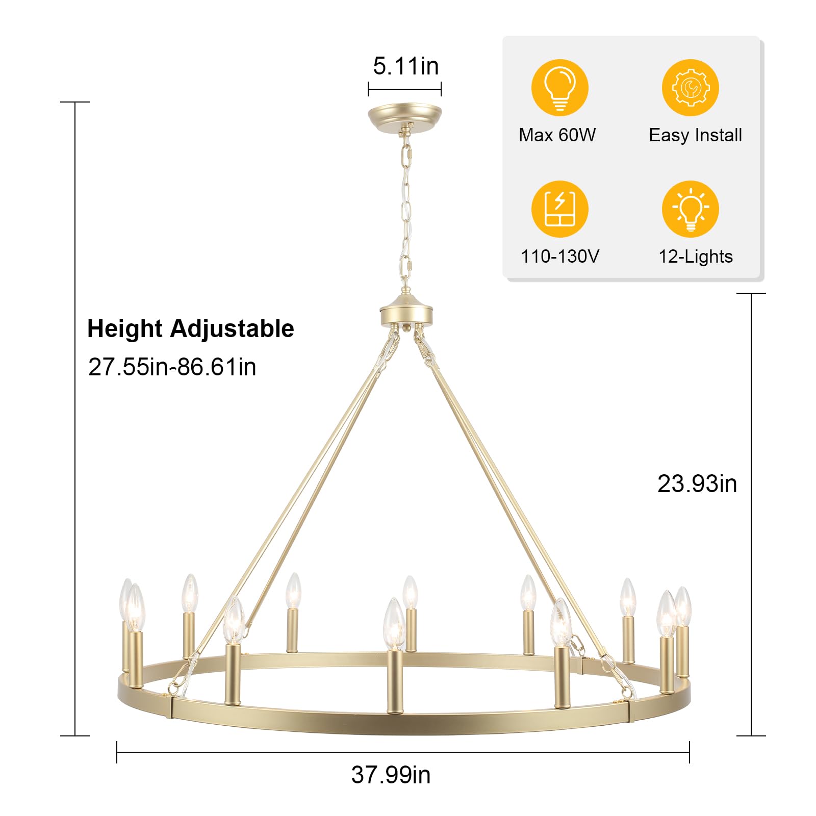 12-Lights Gold Wagon Wheel Chandelier 28" Large Gold Farmhouse Chandelier Vintage Circle Light Fixture for Dining Room Kitchen Island Height Ceiling Living Room