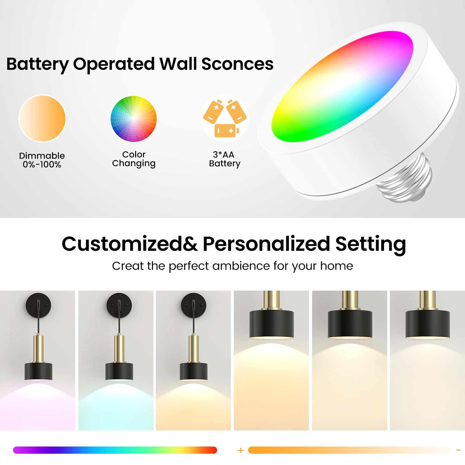 Battery Operated Wall Sconce Set of 2, Dimmable RGB Wall Sconce with Remote Indoor Battery Powered Wall Lamp Light for Bedroom Living Room