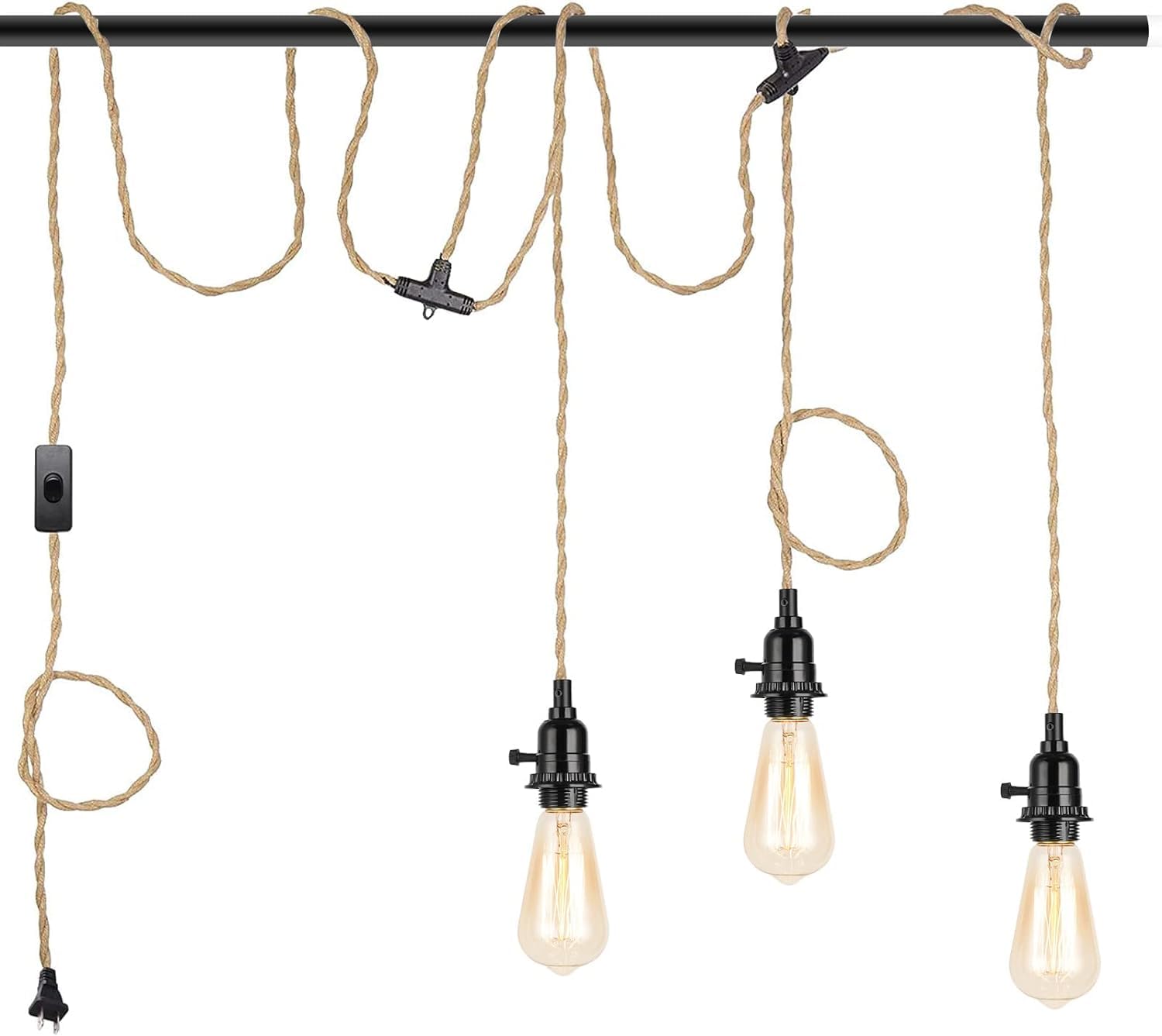 Triple Pendant Light with Plug in Pendant Light,22FT Industrial Hanging Lamp with Twisted Hemp Rope Independent Triple Switch Hanging Light Chandelier,Black Finish