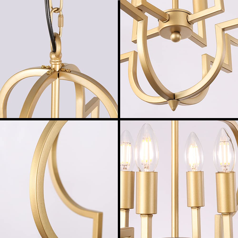 Orb Chandelier Lighting Gold 4-Light, Candle Style Geometric Dining Room Light Fixtures Hanging Foyer, Entryway, Hallway, Dining Room and Living Room, 22.4 inches Dia