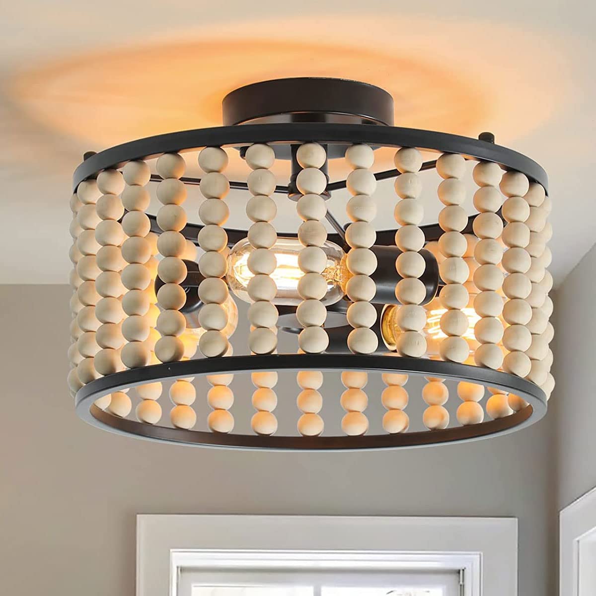 Wood Beaded Boho Chandelier Light Fixture, Semi Flush Mount Ceiling Light 3-Light Rustic Nursery Close to Ceiling Light for Bedroom Kitchen, Living Room, Oak White, E26 Base