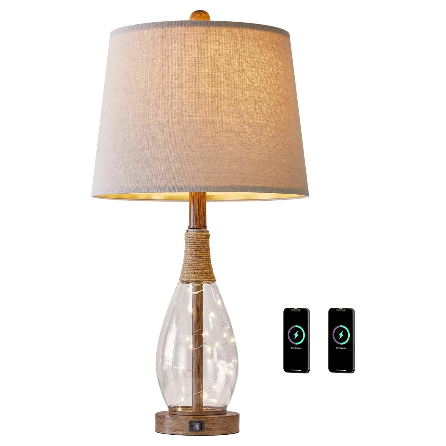 23" Table Lamps for Living Room Set of 2 Bedside Lamps for Night Stands Bedroom Lamps Farmhouse Rattan Boho Lamp Glass Nightlight End Table Lamp with USB C+A (White)