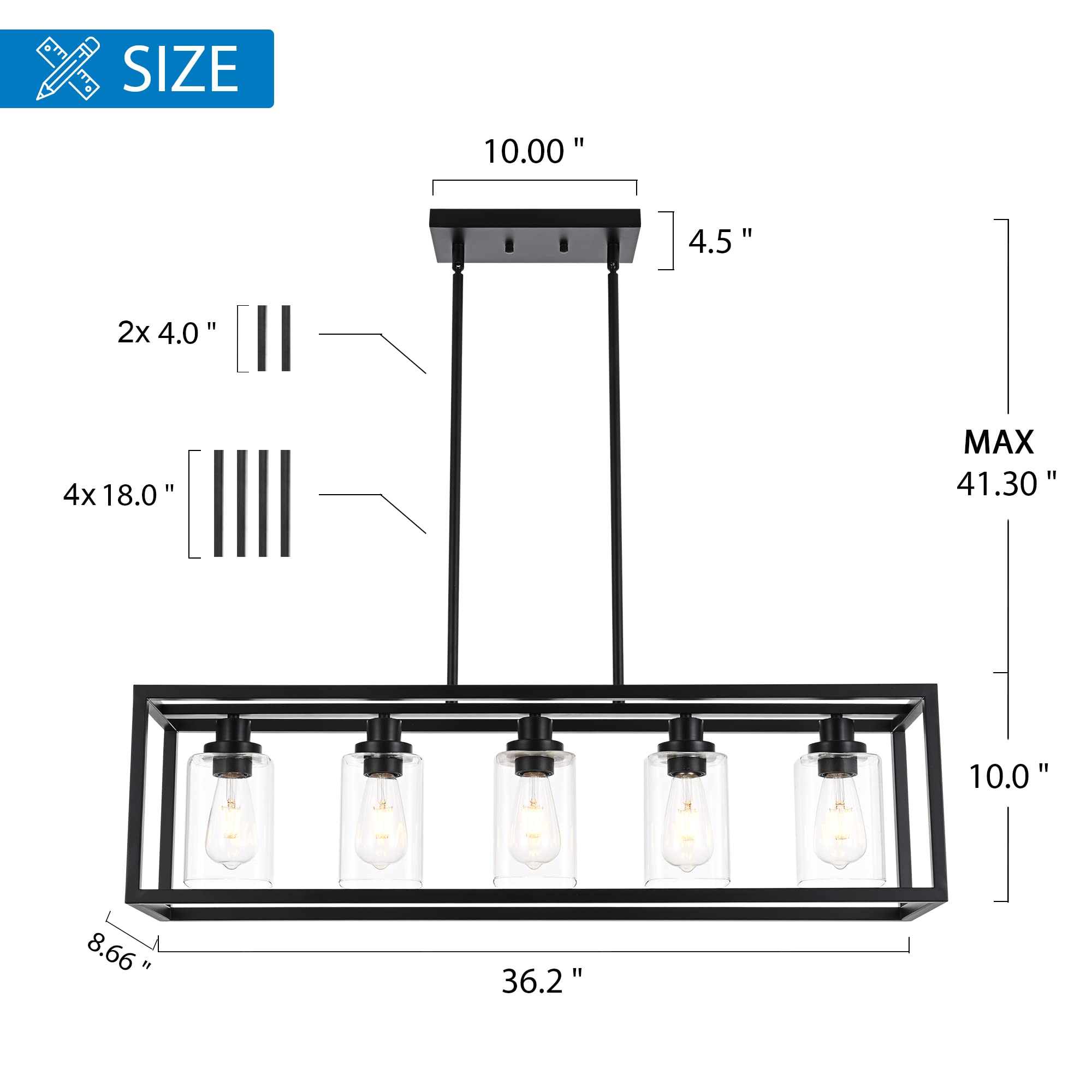 3 Light Kitchen Island Lighting Linear Chandelier Black Pendant Lighting with Rectangular Clear Glass Shade for Dining Room Bar Kitchen Pool Table, Adjustable Height