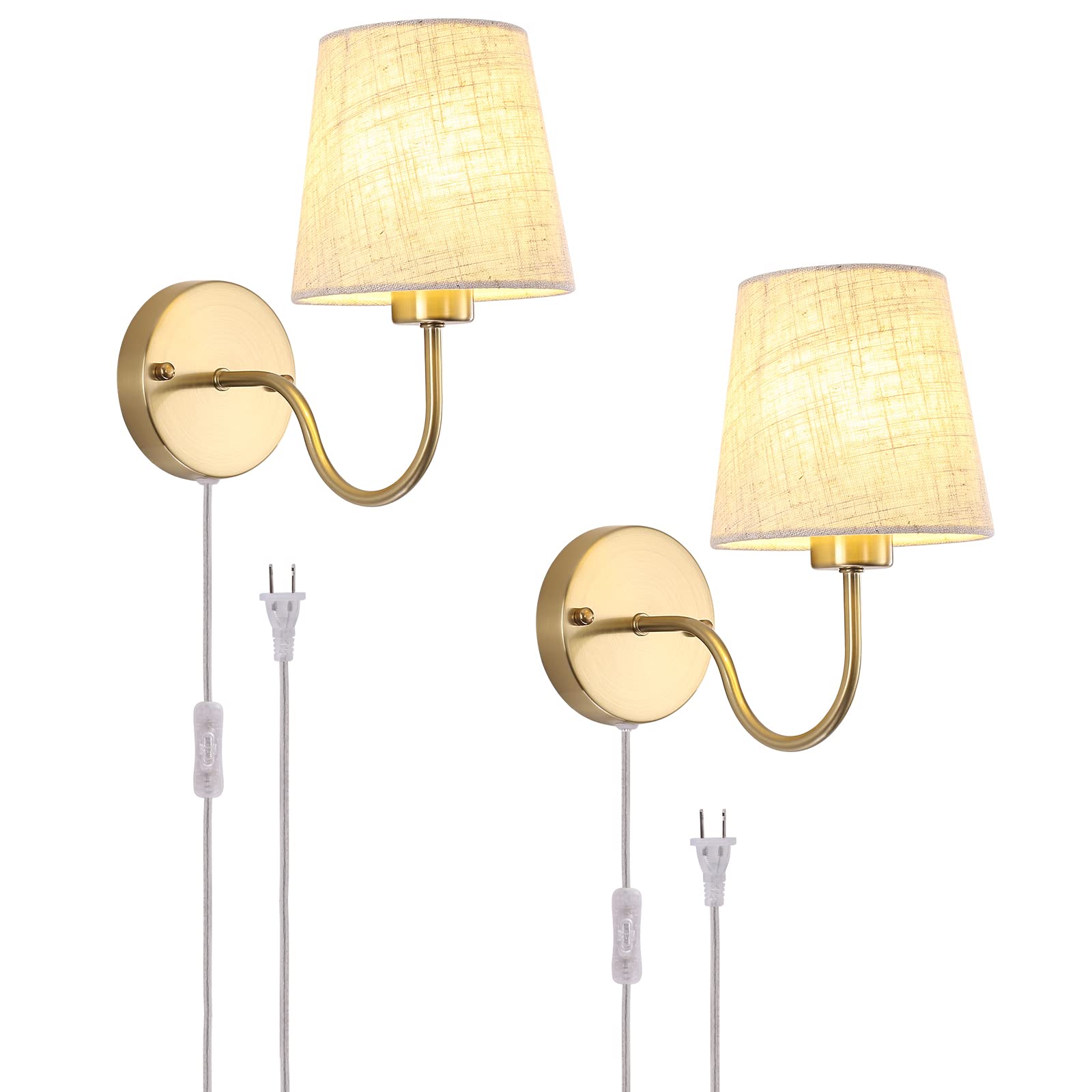 Gold Wall Sconces Set of Two, Modern Sconces Wall Lighting Vintage Wall Light Fixtures with Fabric Lampshade, Bedside Wall Lamps for Bedroom Living Room Hallway Entryway