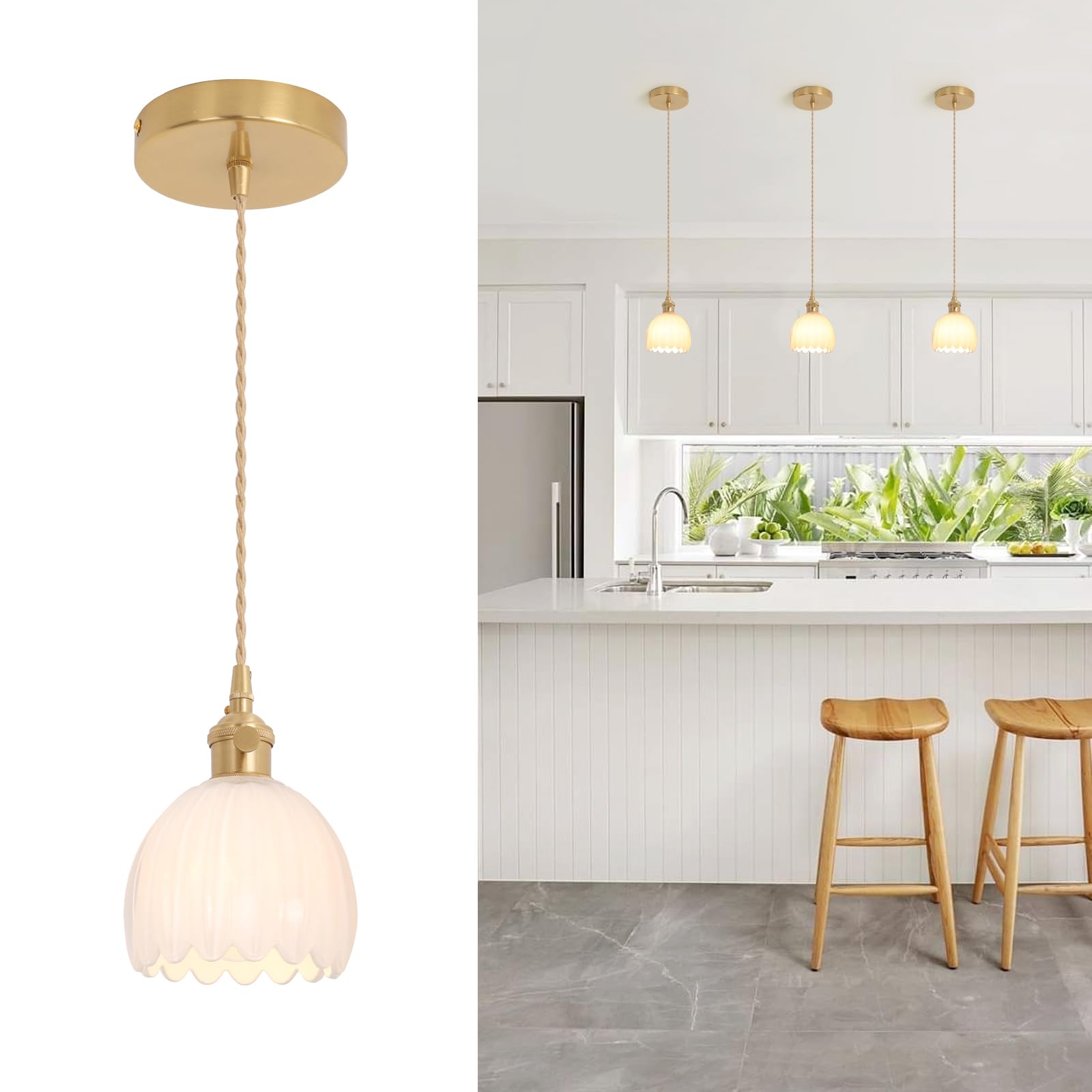 Pendant Light with White Pleated Ceramic Lmapshade, Brass Vintage Pendant Light Adjustable Hanging Light for Kitchen Island Dining Room Hallway 7.87 Inch Diam