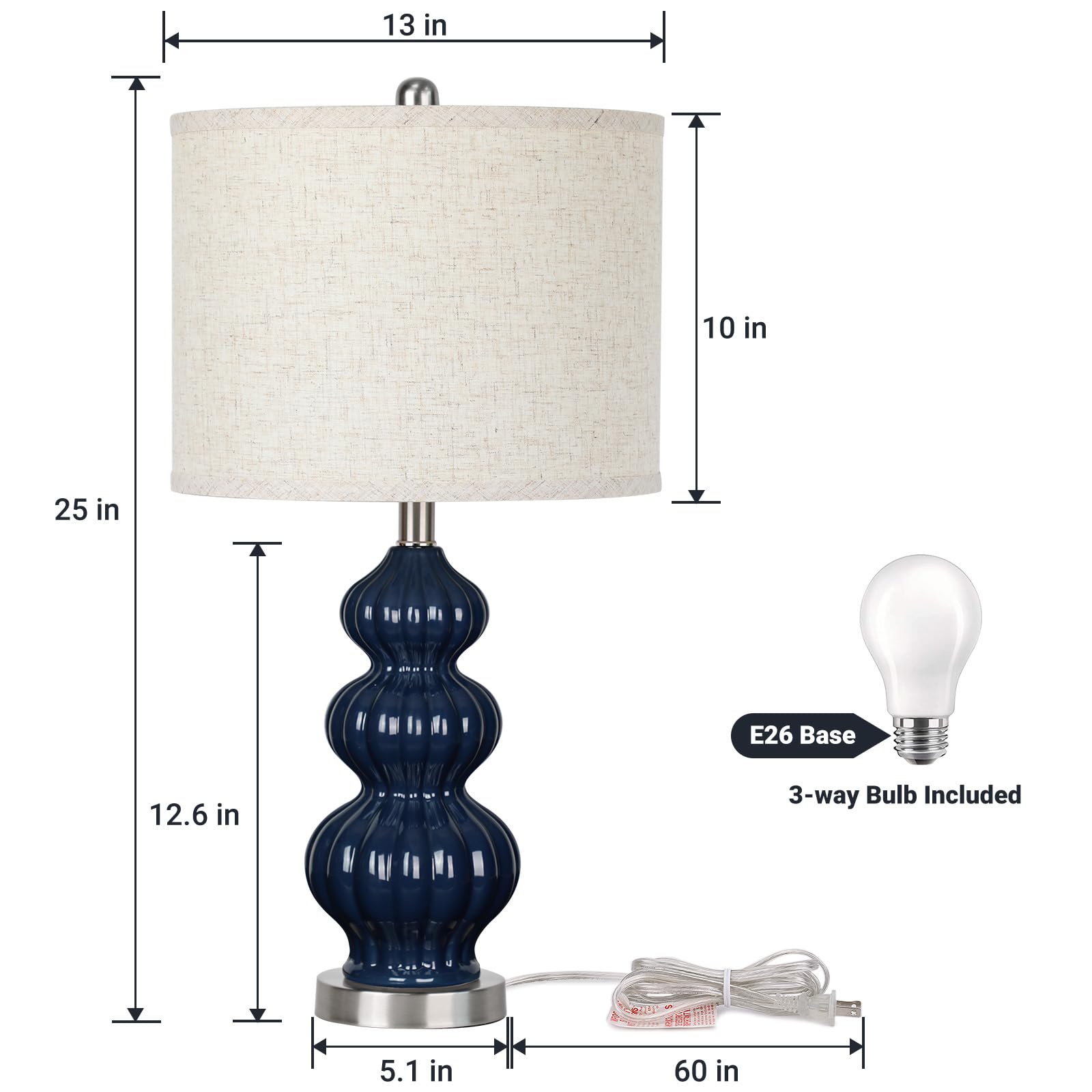 25" Ceramic Table Lamp Navy Blue Triple Gourd Ceramic Lamp Table Lamp Modern Lamp for Bedroom Living Room, 3-Way Dimmable Bulb Included (Blue)