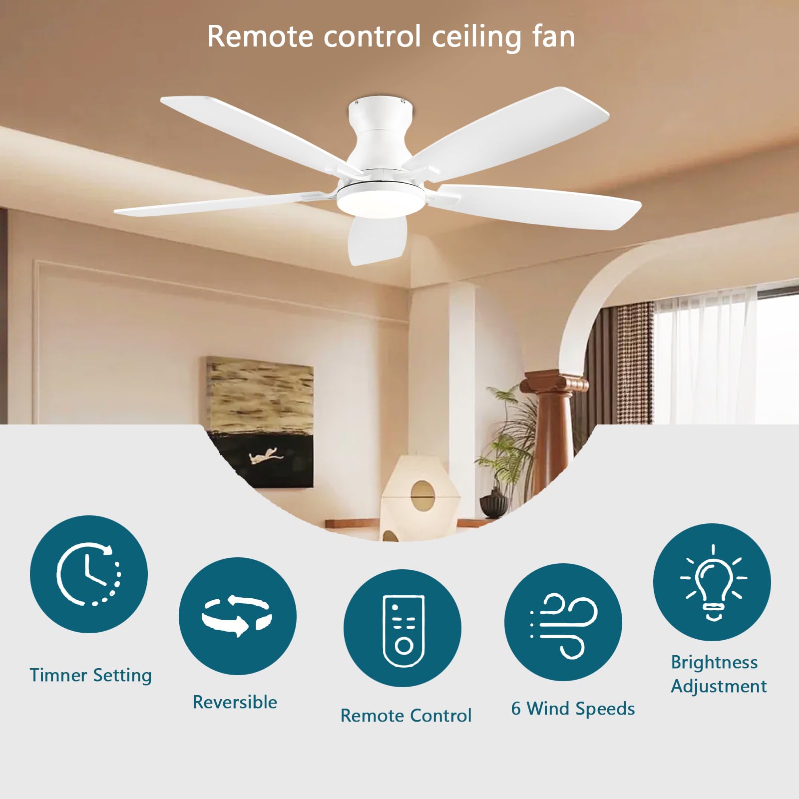 Ceiling Fans with Lights, 52 Inch Low Profile Ceiling Fan with Light and Remote Control, Flush Mount, DC Reversible Motor, Noiseless, Black 6 Speeds Ceiling Fan for Bedroom