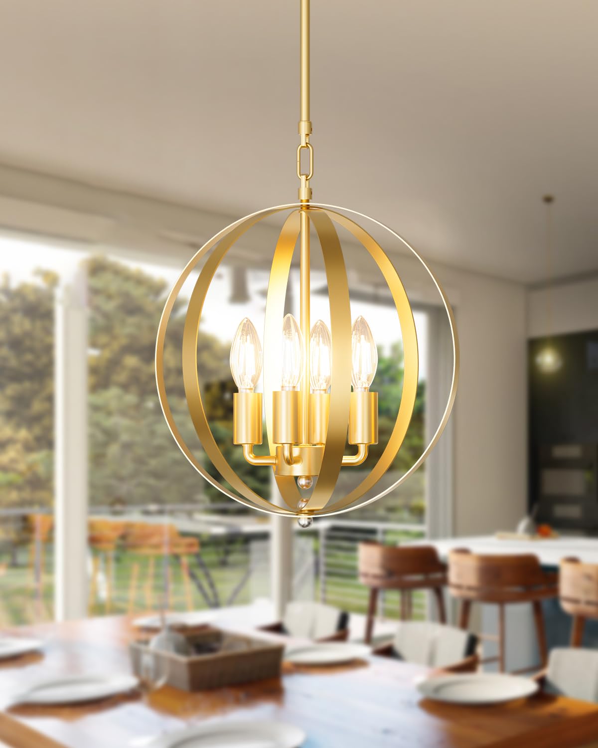 4-Light Orb Chandelier, Industrial Black Globe Pendant Light, Metal Modern Farmhouse Sphere Hanging Ceiling Light Fixture for Dining Room Kitchen Living Room Hallway Entryway-E12