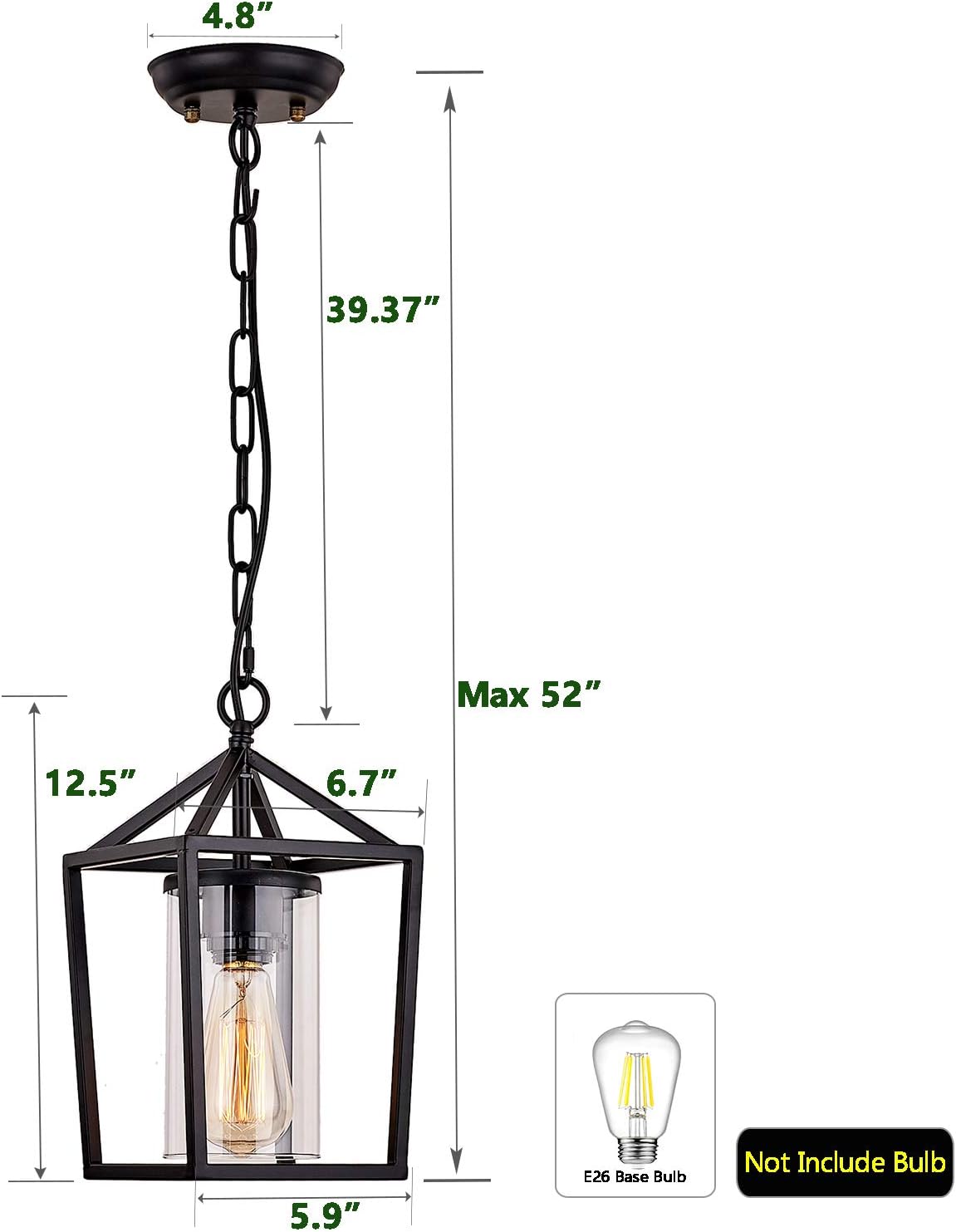 Outdoor Pendant Light for Porch,1-Light Modern Metal Vintage Cage Hanging Lantern Light Adjustable Pendant Light Fixtures with Glass Shade for Porch,Entryway,Doorway,Farmhouse,Foyer