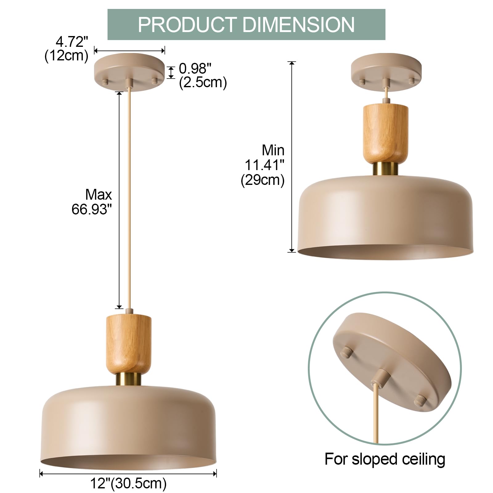 Modern Pendant Lighting,12 inch,Natural Wood and Brass Accent,Adjustable Cord Pendant Light Fixture for Kitchen, Dining Room, Matte White