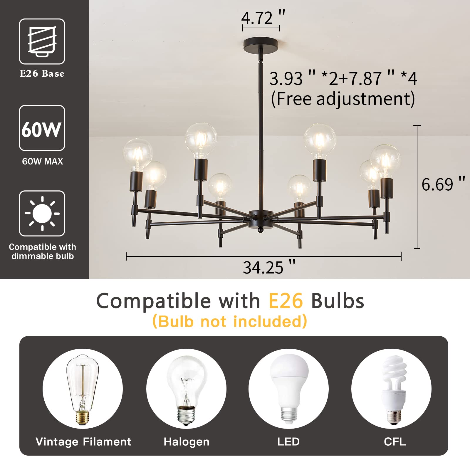 8-Light Gold Candle Chandeliers Modern Farmhouse Ceiling Light Fixture Industrial Lighting for Dining Room Living Room Bedroom Kitchen Island Foyer