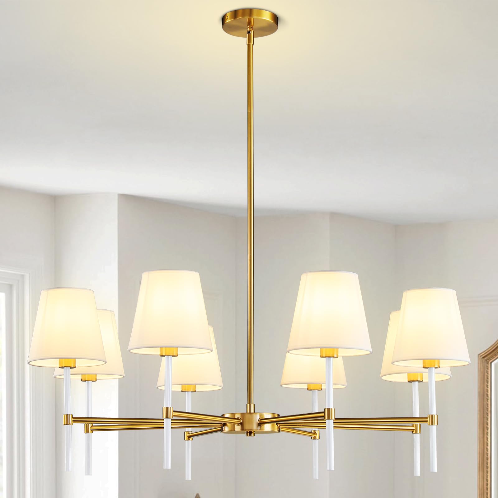 Dining Room Chandeliers Light - 5-Light White and Gold Modern Chandeliers Light Fixtures with White Fabric Shade, Height Adjustable Pendant Island Light for Entryway Farmhouse