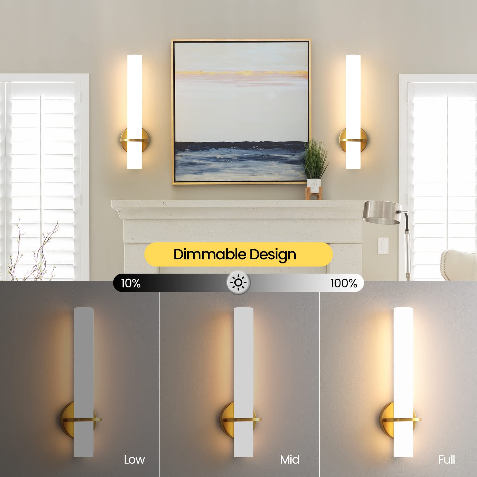 Gold Wall Sconces Set of Two - Dimmable Modern Sconces Wall Lighting 18W 3000K Led Wall Lights Acrylic Lampshade Hardwired Wall Light Fixtures for Living Room Bedroom Bathroom Hallway