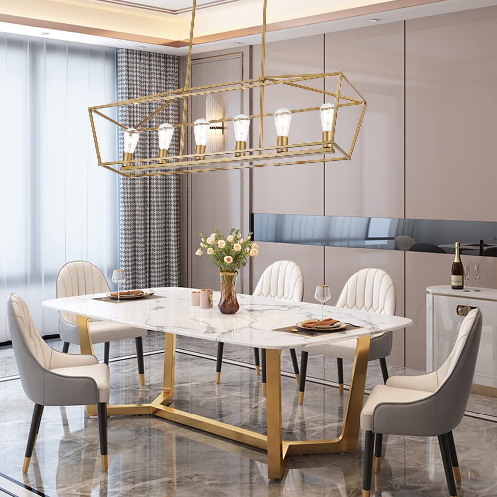 Modern 4 Light Farmhouse Chandelier Gold Linear Kitchen Island Pendant Light Traditional Rectangular Dining Room Lighting Fixture Hanging Metal Cage Pendant Lamp for Hallway Foyer