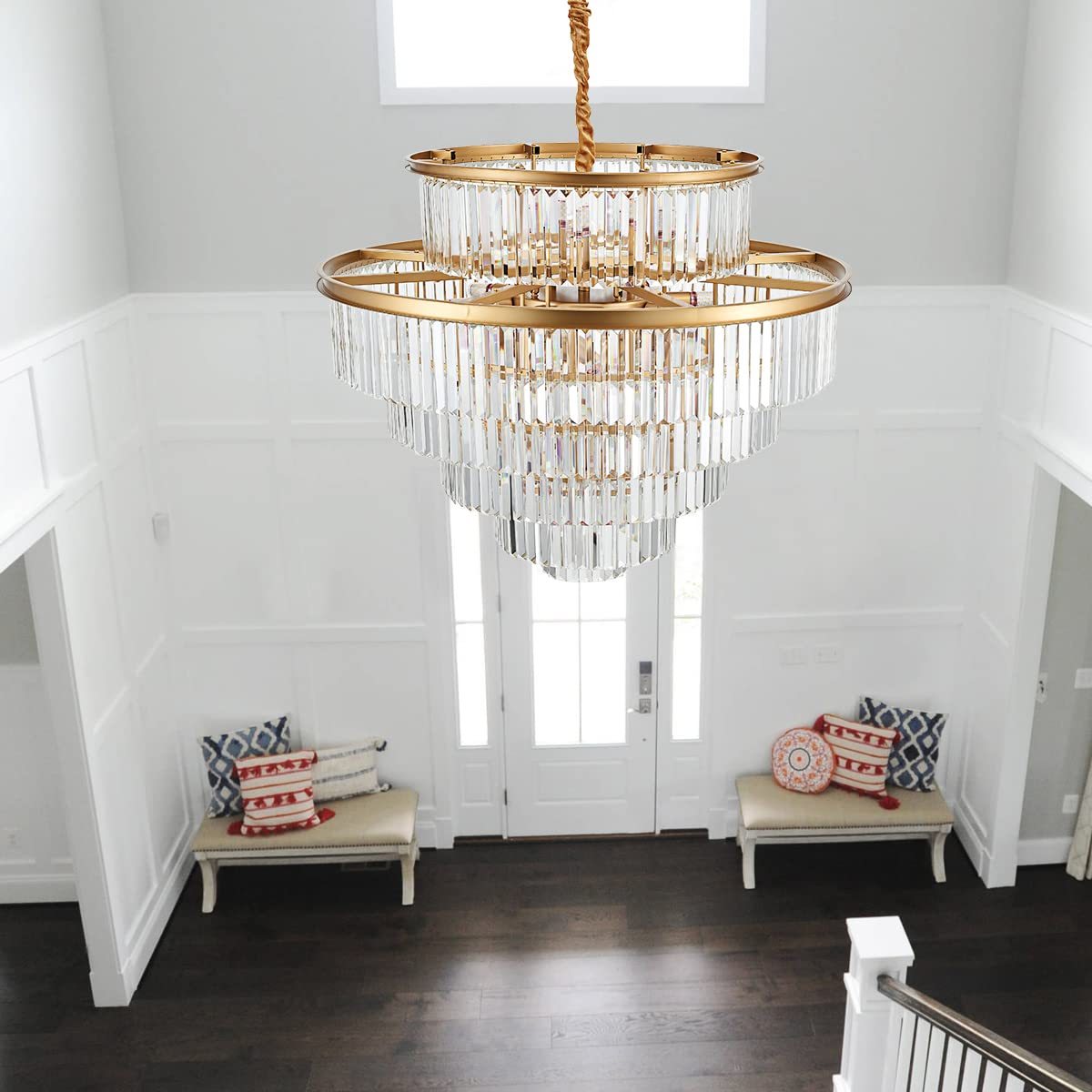 23" 8-Light Modern Crystal Chandelier Light Fixtures 2 Rings Gold Luxury Chandeliers for Dining Room Round Hanging Pendant Lighting for Living Room Kitchen Entryway Bedroom