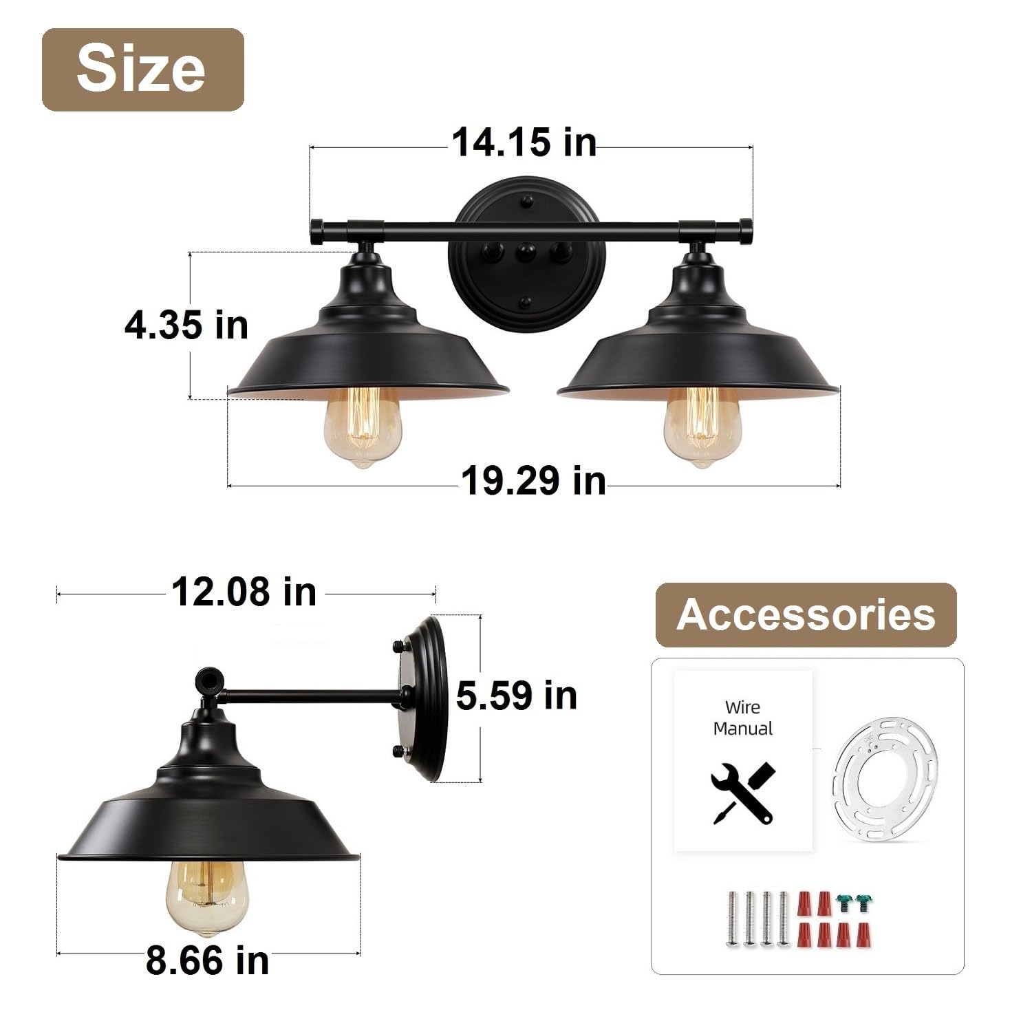 Farmhouse Bathroom Vanity Light Fixtures Black, Metal Bathroom Lights Over Mirror 2-Lights, Farmhouse Bathroom Light Fixtures, Black Vanity Light for Bathroom, Vanity, Mirror Cabinet