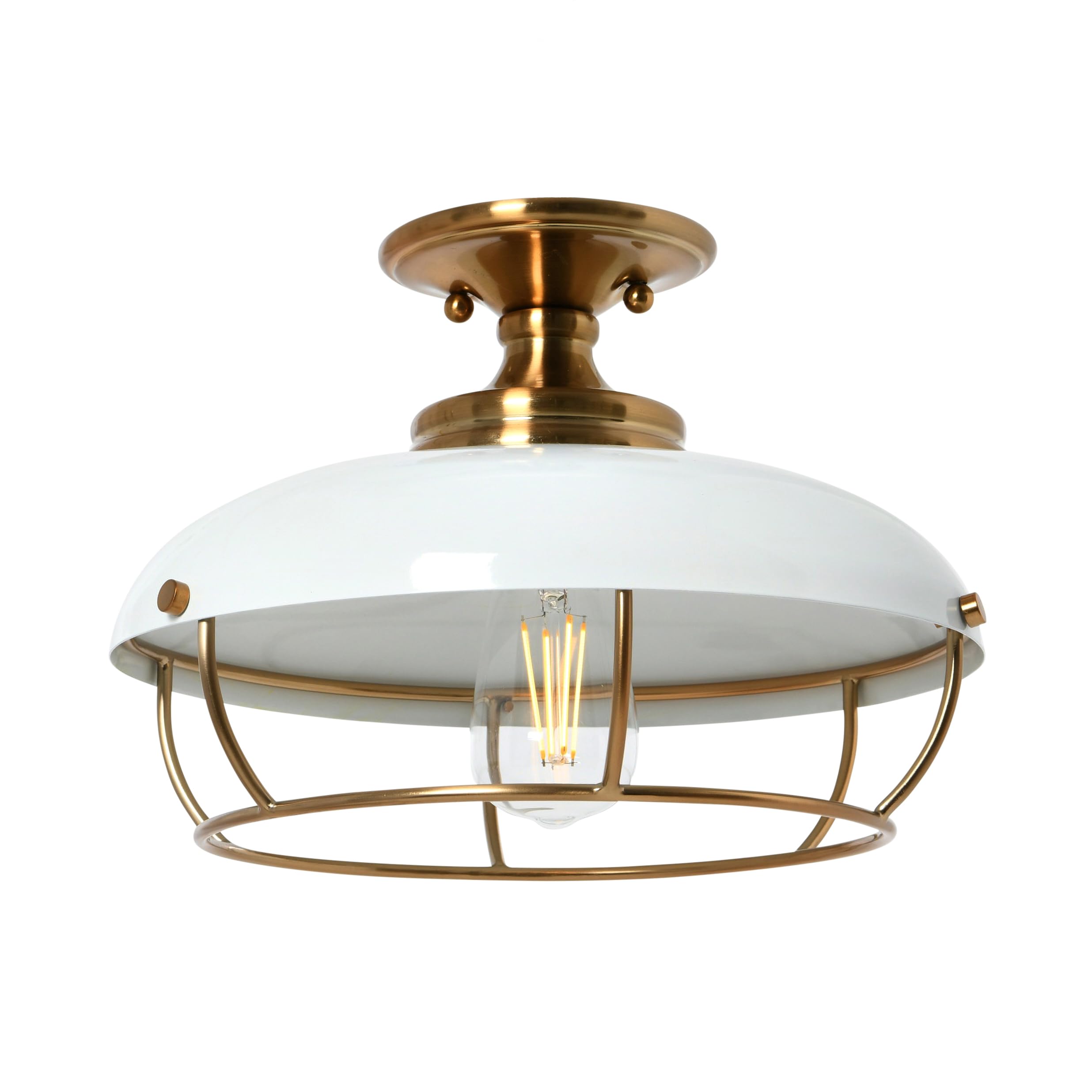 Caged Dome Metal Semi-Flush Mount Ceiling Light, Brushed Brass and Navy Blue