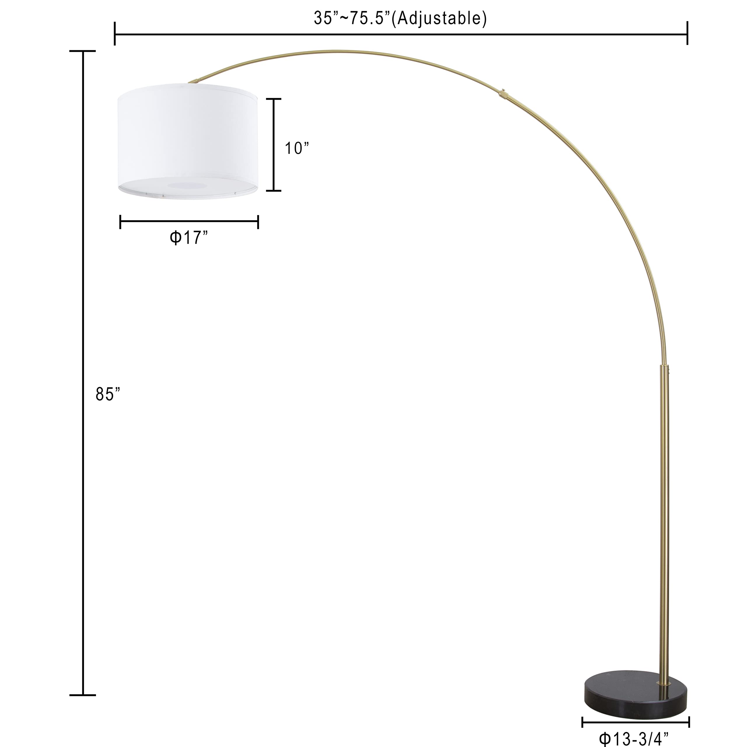 Modern Standing Adjustable Floor Lamp with Metal Dome Shade & Marble Base for Living Room - Corner Light Arc Lamps for Bedrooms in Brass Gold Finish, 99-1023F