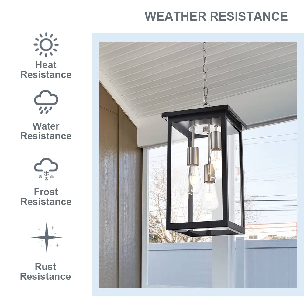 3-Lights Large Outdoor Pendant Light, Black Porch Ceiling Lighting Fixtures with Seeded Glass Panel, Exterior Hanging Lantern Adjustable Chain for Yard Entryway Patio