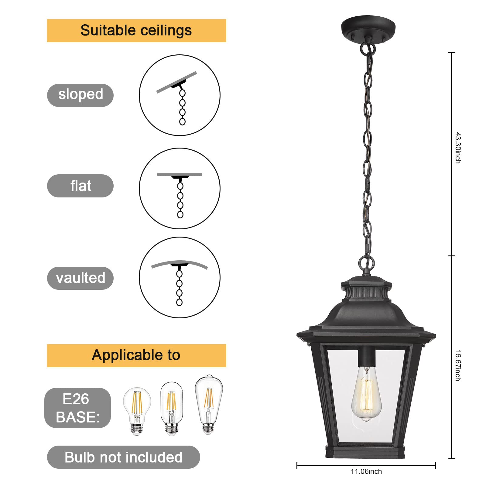 Outdoor Pendant Light for Porch, Exterior Hanging Lantern Outdoor Chandelier in Black Finish for Entryway, Doorway, Farmhouse, Foyer