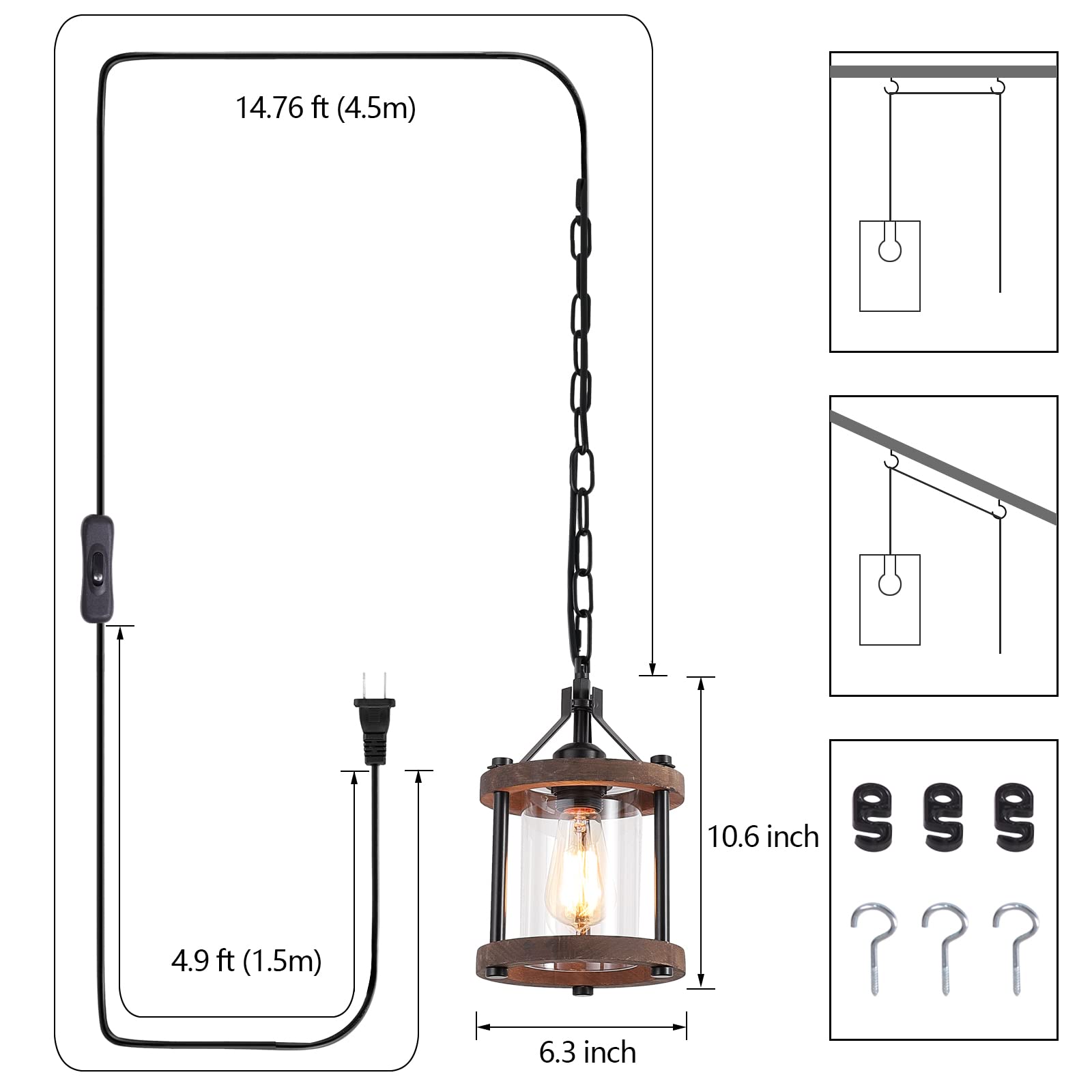 Farmhouse Pendent Lights in Kitchen Island, Rustic Wood Pendant Light with Glass Shade, Bronze Entryway Pendant Lighting, Adjustable Glass Hanging Light Fixtures for Foyer, Sink, 1 Pack