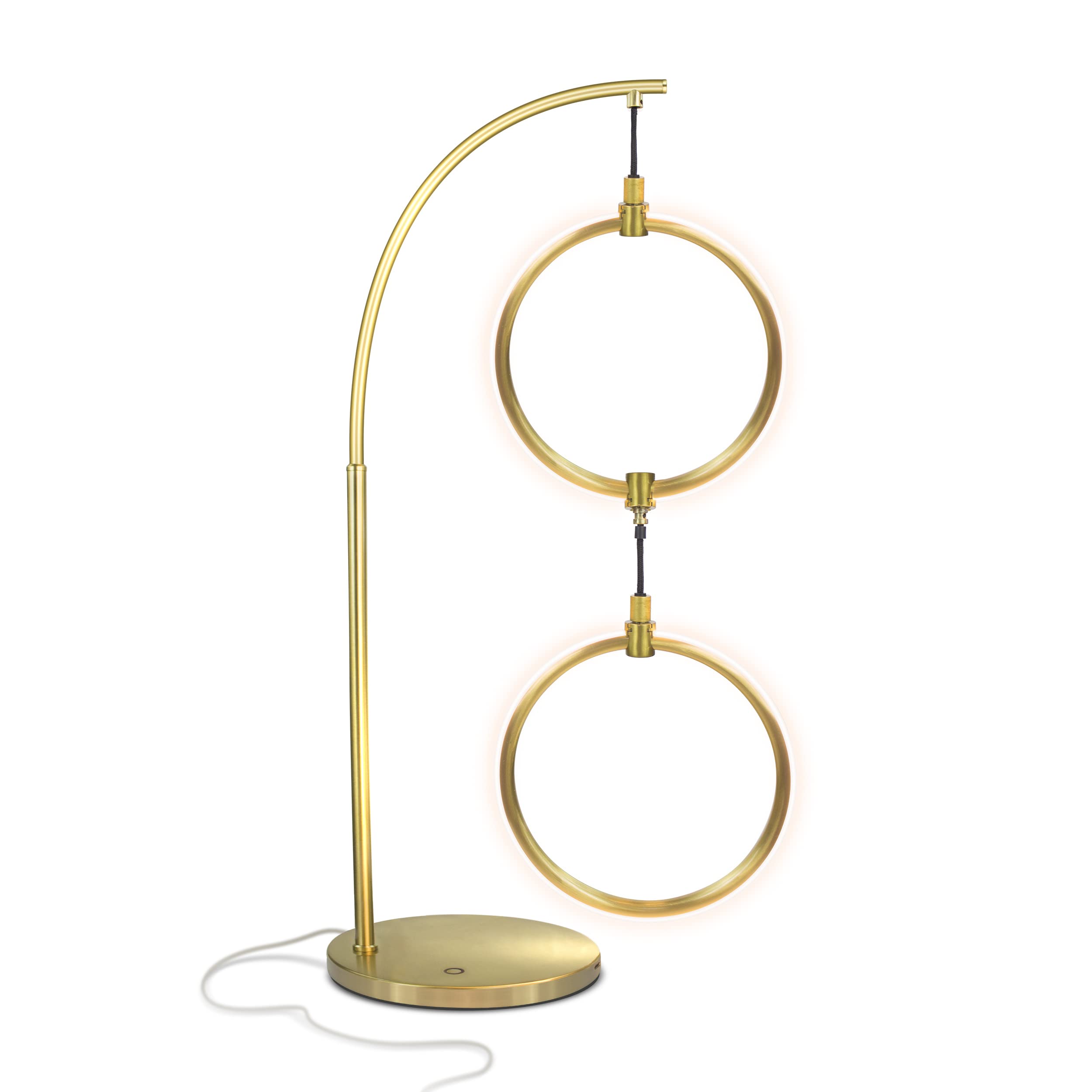 Modern Table Lamp - Contemporary Arc Desk Lamp with 2-Circle Ring-Style Pendant - Alexa Compatible Nightstand Beside The Couch Lamp with Arching Pole Matches Living Room Décor - Brass