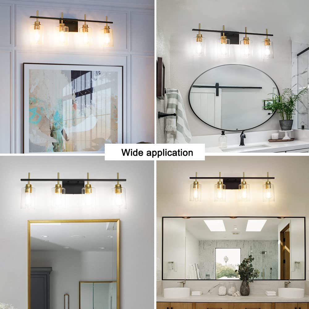 Black and Gold Wall Sconces Set of Two, Bathroom Sconce Wall Lighting Set of 2,Modern Glass Bathroom Wall Light, Wall Mounted Light for Bedroom Living Room Hallway